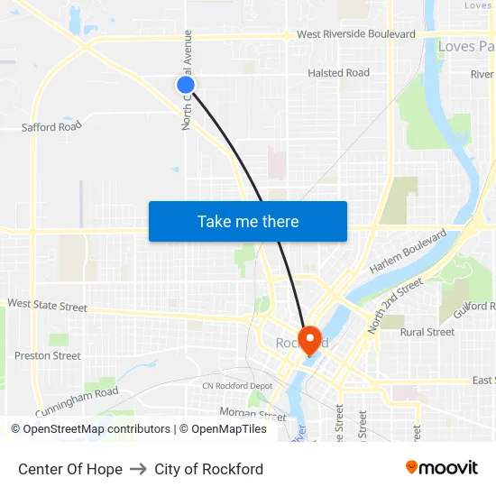 Center Of Hope to City of Rockford map