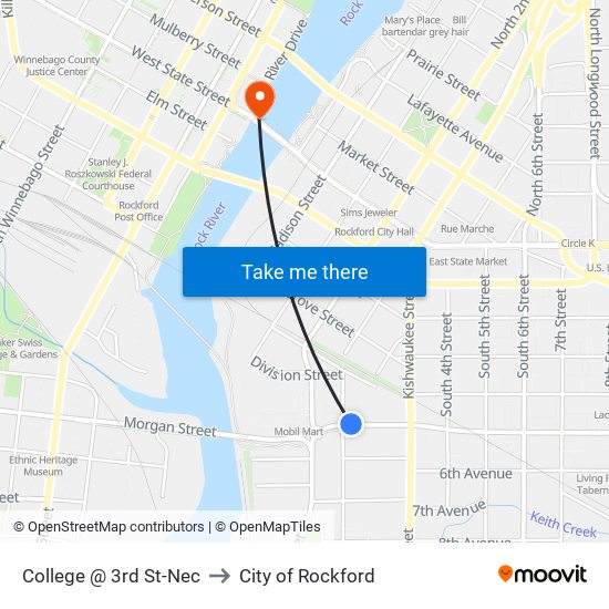 College @ 3rd St-Nec to City of Rockford map