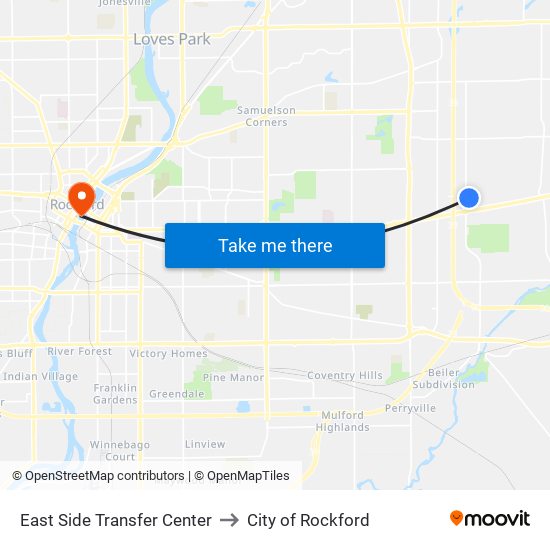 East Side Transfer Center to City of Rockford map