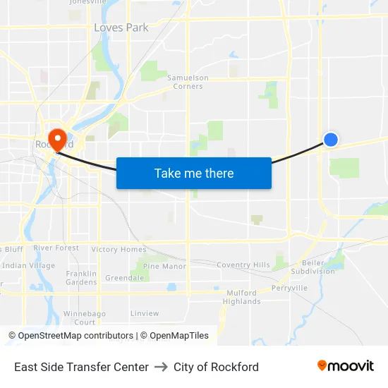 East Side Transfer Center to City of Rockford map