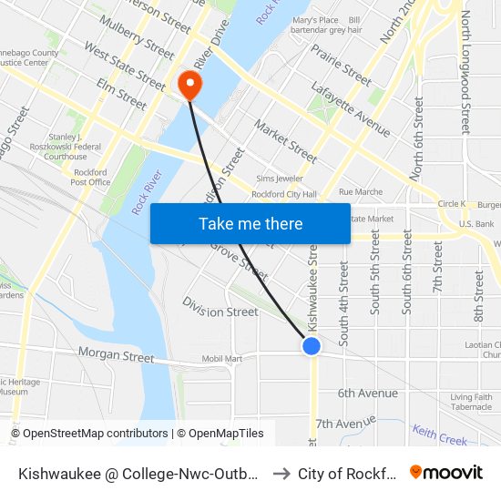 Kishwaukee @ College-Nwc-Outbound to City of Rockford map