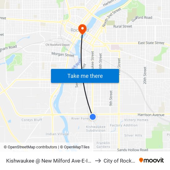 Kishwaukee @ New Milford Ave-E-Inbound to City of Rockford map