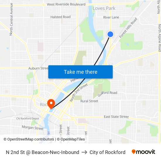 N 2nd St @ Beacon-Nwc-Inbound to City of Rockford map