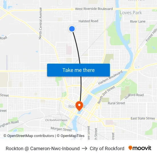 Rockton @ Cameron-Nwc-Inbound to City of Rockford map