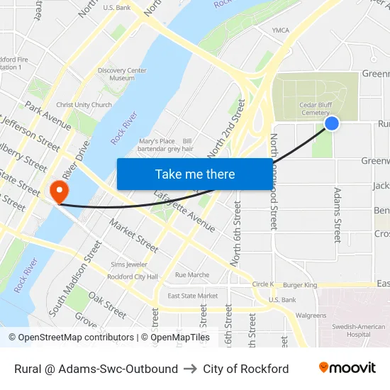 Rural @ Adams-Swc-Outbound to City of Rockford map