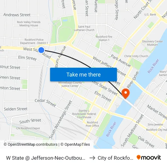 W State @ Jefferson-Nec-Outbound to City of Rockford map