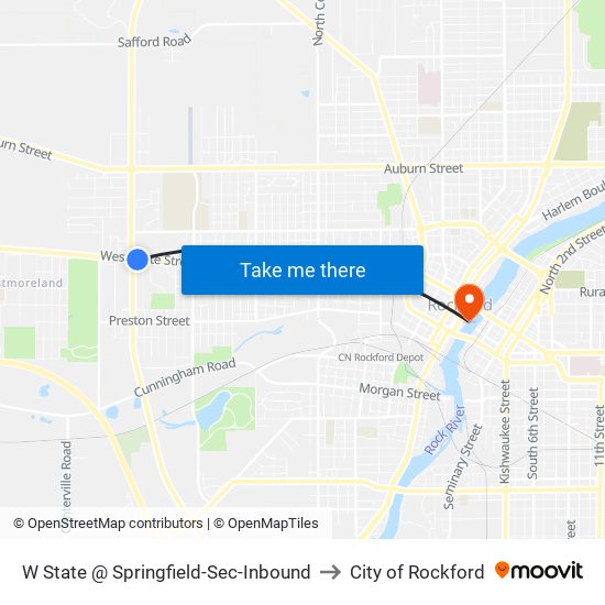 W State @ Springfield-Sec-Inbound to City of Rockford map