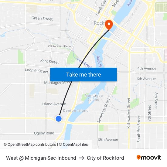 West @ Michigan-Sec-Inbound to City of Rockford map