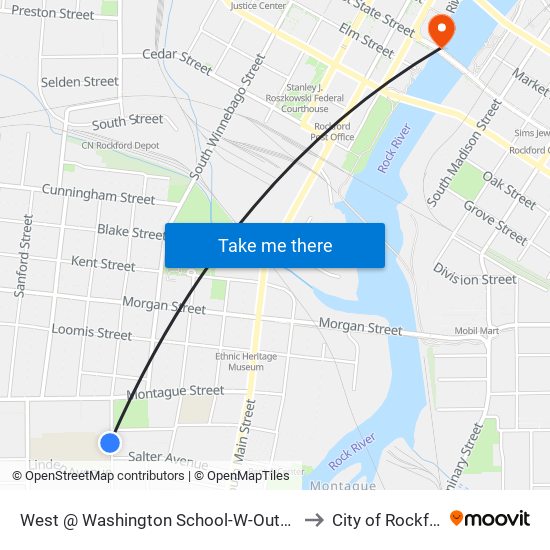 West @ Washington School-W-Outbound to City of Rockford map