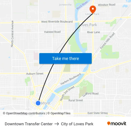 Downtown Transfer Center to City of Loves Park map