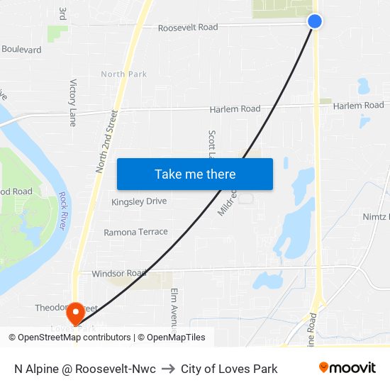 N Alpine @ Roosevelt-Nwc to City of Loves Park map