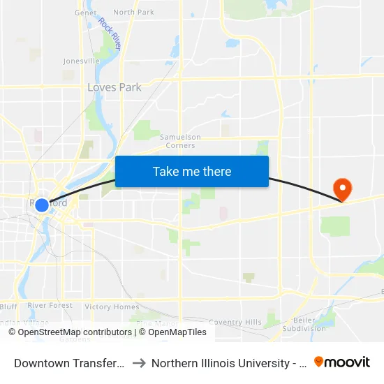Downtown Transfer Center to Northern Illinois University - Rockford map