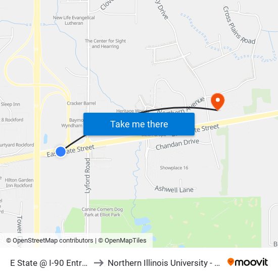 E State @ I-90 Entrance-S to Northern Illinois University - Rockford map