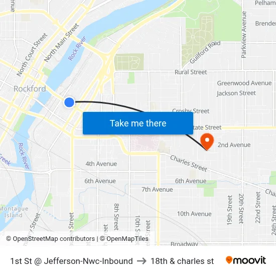 1st St @ Jefferson-Nwc-Inbound to 18th & charles st map