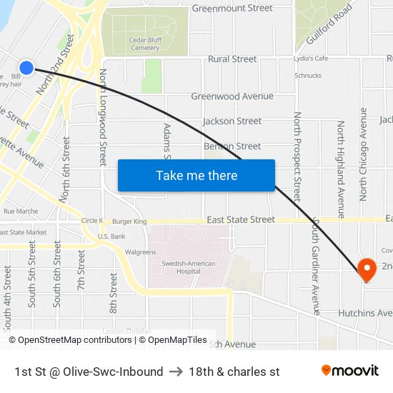 1st St @ Olive-Swc-Inbound to 18th & charles st map