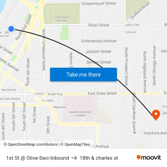 1st St @ Olive-Swc-Inbound to 18th & charles st map