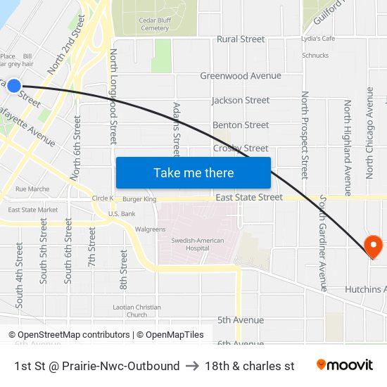 1st St @ Prairie-Nwc-Outbound to 18th & charles st map