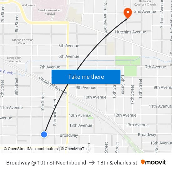 Broadway @ 10th St-Nec-Inbound to 18th & charles st map