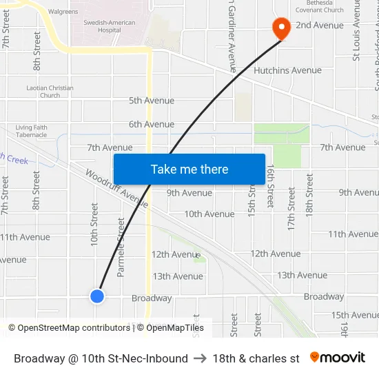 Broadway @ 10th St-Nec-Inbound to 18th & charles st map