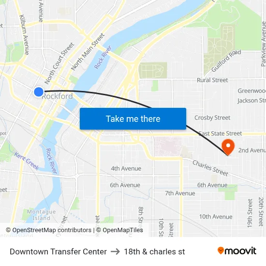 Downtown Transfer Center to 18th & charles st map