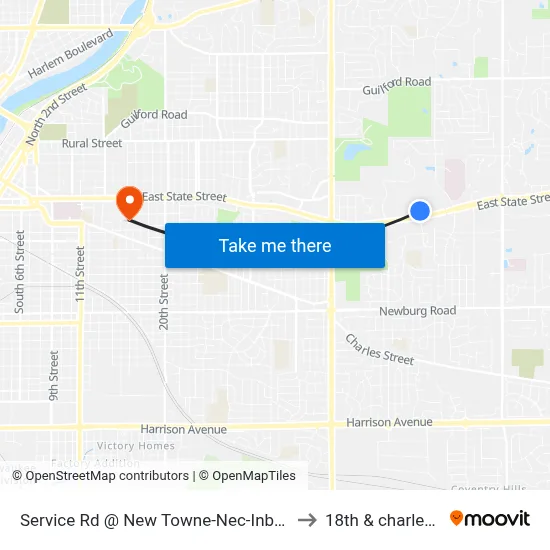 Service Rd @ New Towne-Nec-Inbound to 18th & charles st map