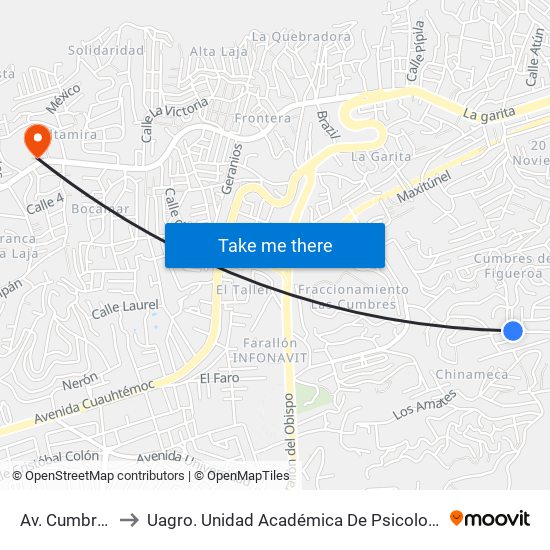 Av. Cumbres to Uagro. Unidad Académica De Psicología map