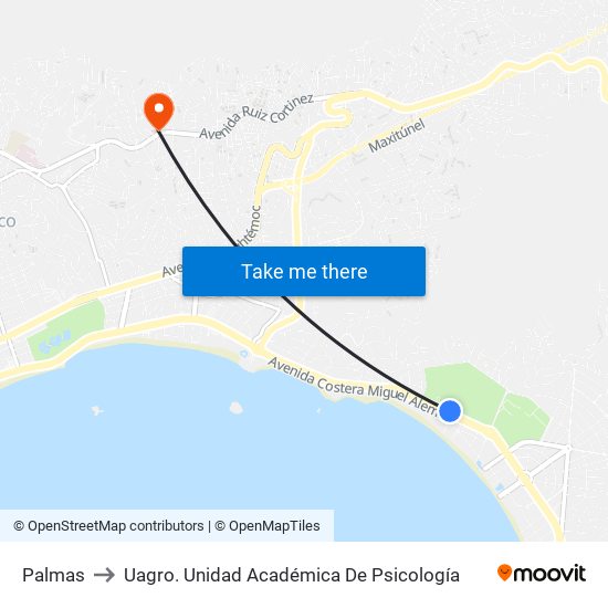 Palmas to Uagro. Unidad Académica De Psicología map