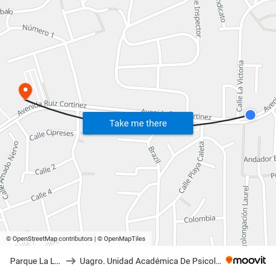 Parque La Laja to Uagro. Unidad Académica De Psicología map