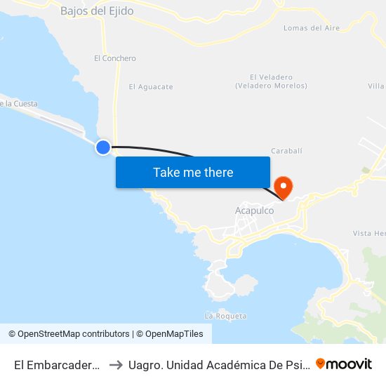 El Embarcadero Sur to Uagro. Unidad Académica De Psicología map