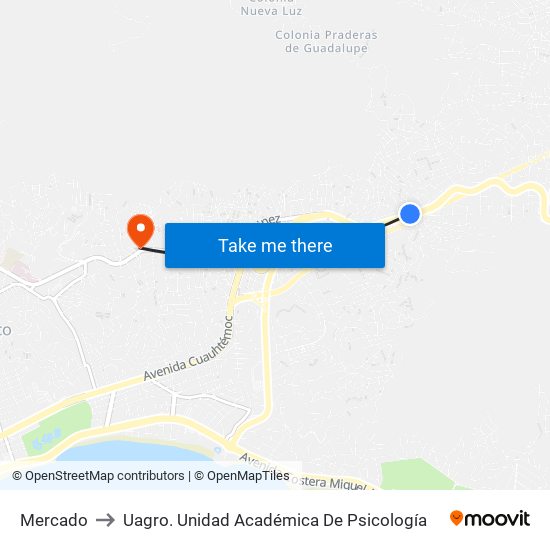 Mercado to Uagro. Unidad Académica De Psicología map