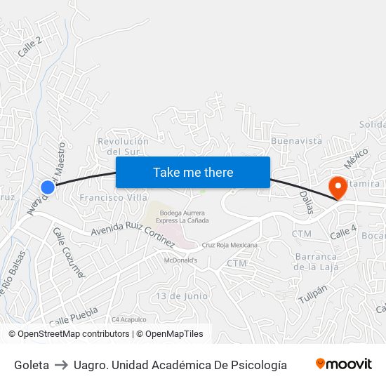 Goleta to Uagro. Unidad Académica De Psicología map