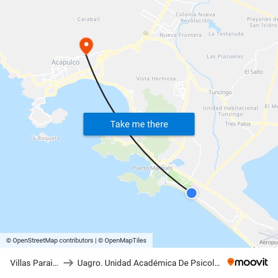 Villas Paraiso to Uagro. Unidad Académica De Psicología map