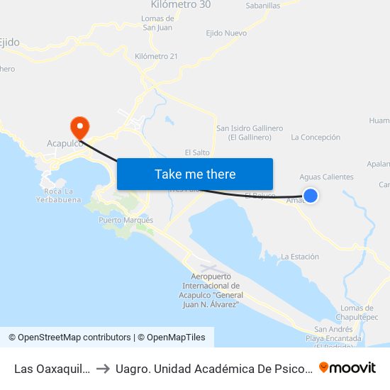 Las Oaxaquillas to Uagro. Unidad Académica De Psicología map
