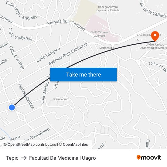 Tepic to Facultad De Medicina | Uagro map