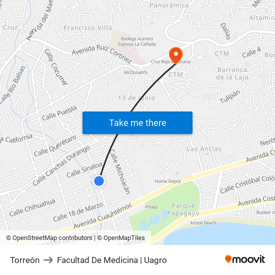 Torreón to Facultad De Medicina | Uagro map