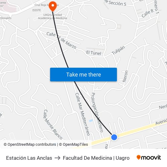 Estación Las Anclas to Facultad De Medicina | Uagro map