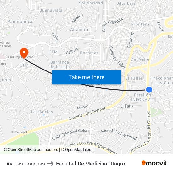 Av. Las Conchas to Facultad De Medicina | Uagro map