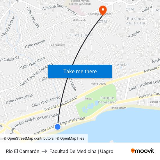 Rio El Camarón to Facultad De Medicina | Uagro map