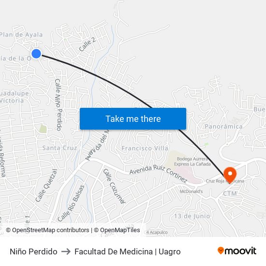 Niño Perdido to Facultad De Medicina | Uagro map