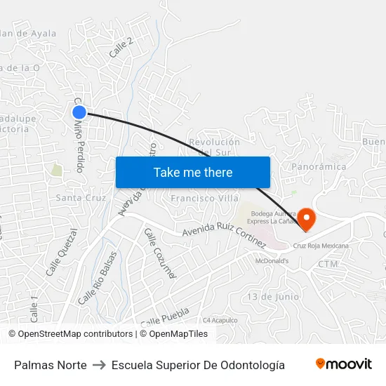 Palmas Norte to Escuela Superior De Odontología map