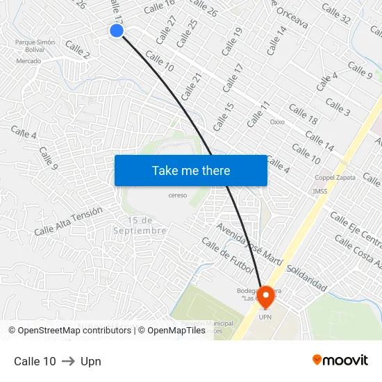 Calle 10 to Upn map