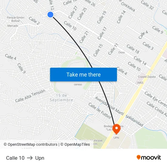 Calle 10 to Upn map