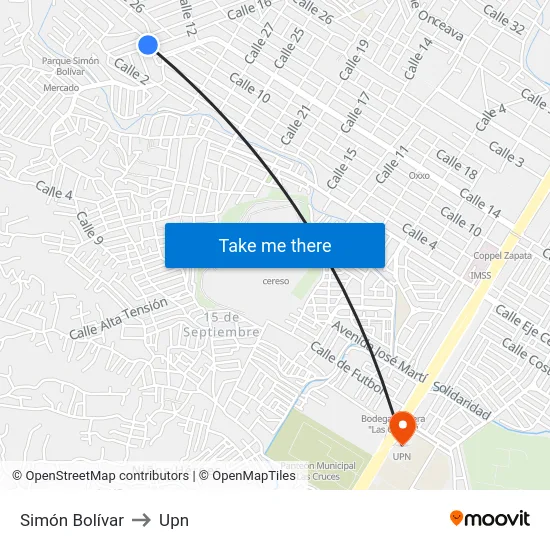 Simón Bolívar to Upn map