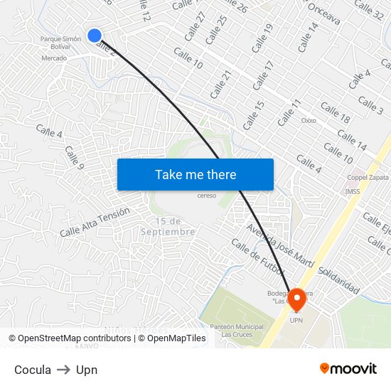 Cocula to Upn map