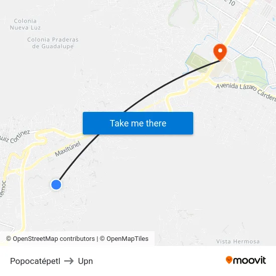 Popocatépetl to Upn map