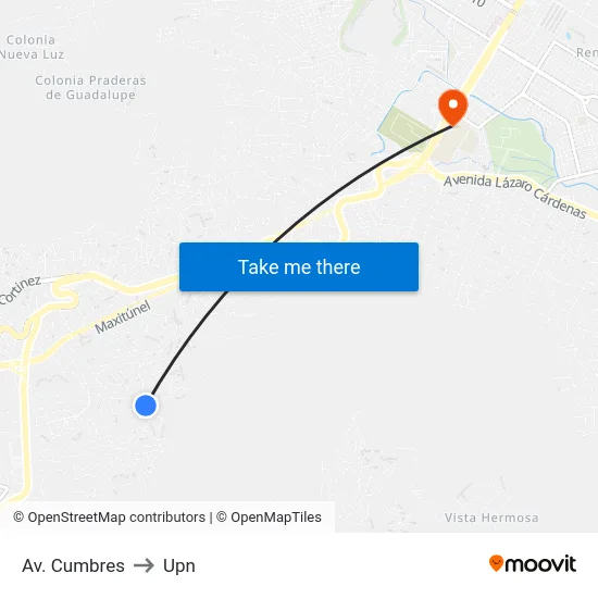 Av. Cumbres to Upn map