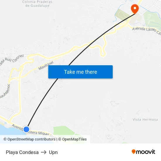 Playa Condesa to Upn map