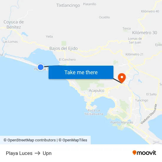 Playa Luces to Upn map