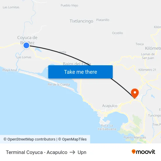 Terminal Coyuca - Acapulco to Upn map