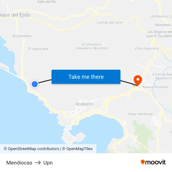 Mendiocas to Upn map